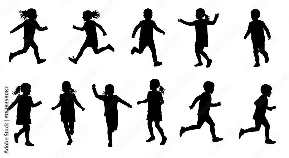 Naklejka premium A collection of black silhouettes featuring active children running and playing, symbolizing the boundless energy and joy of youth.