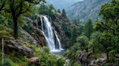 Majestic waterfall cascading down rocky cliffs, framed by lush green foliage and mountains