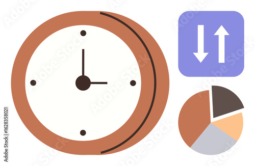 Analog clock with marked hours, pie chart divided into colored segments, and vertical up-down arrows. Ideal for time tracking, productivity, analysis, prioritization, business, workflow simple flat