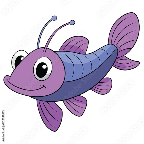 Cartoon fish with a purple body and blue eyes, swimming happily in a colorful underwater scene