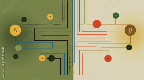 Journey's End: An abstract visualization of two points, 'A' and 'B', connected by a vibrant network of lines, representing a journey's end and a connection between disparate elements. 