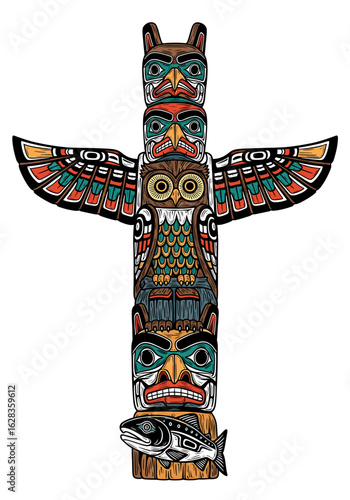 Ornate Northwest Coast totem pole featuring carved animals, including an owl, bear, and fish.