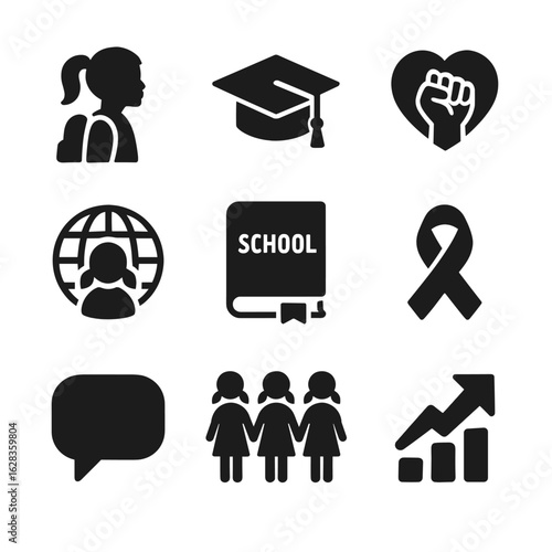 Vector icon set illustrating girls' education, female empowerment, academic achievement, and social progress.