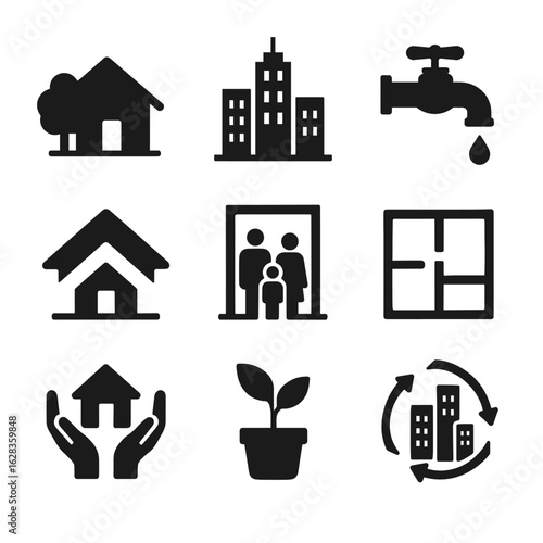 Urban living and real estate icon set. Collection of glyphs for city, home, family, and sustainable development concepts.