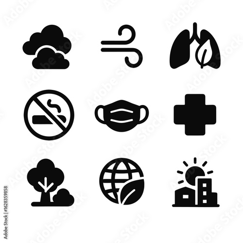 Set of black solid icons representing air pollution, respiratory health, and environmental conservation.