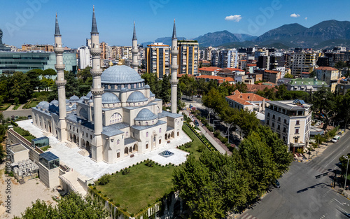 Aerial view of the landmark Namazgah Mosque in downtown Tirana, Albania
