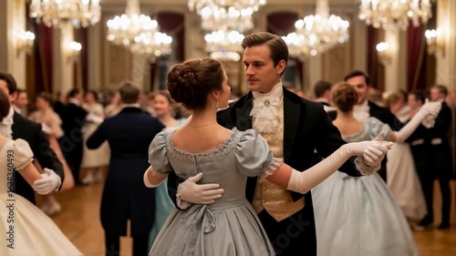 An elegant couple in vintage costumes dancing at a magnificent historical ball, a scene representing high society, classic romance, and the atmosphere of period dramas