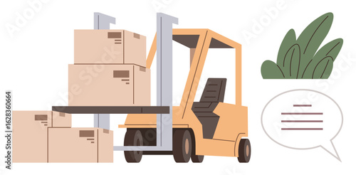Forklift carrying stacked boxes, leafy plant nearby, and speech bubble implying communication. Ideal for logistics, delivery, warehouse management, cargo handling, distribution, teamwork supply