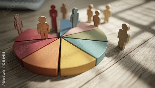 Colorful pie chart surrounded by small figures on a light wooden surface