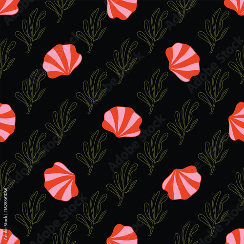 Seamless pattern with colorful ses shells. 