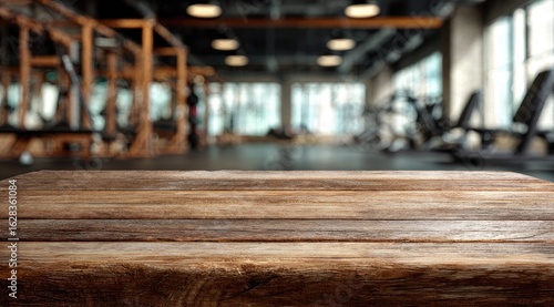 Wallpaper Mural Wooden table top in a gym.  Blurred background of exercise equipment and interior Torontodigital.ca