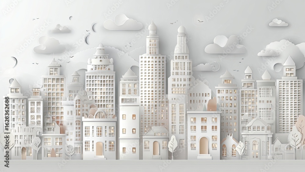Fototapeta premium A stylized cityscape, crafted from white paper, with illuminated buildings and soft clouds