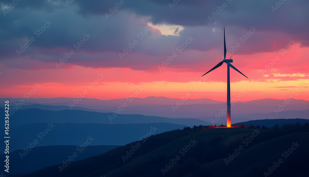 Obraz premium A wind turbine stands tall against a stunning sunset, representing clean energy.