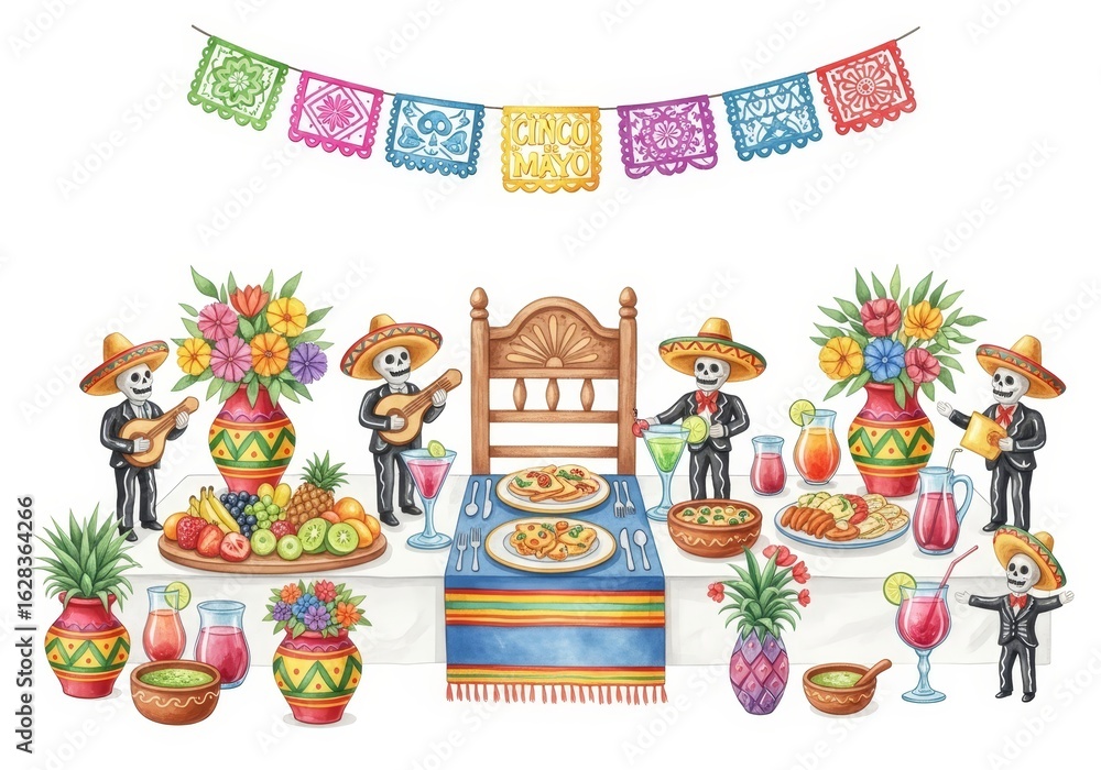Naklejka premium Fiesta Skeleton Celebration - Festive Day of the Dead scene with skeletons, vibrant flowers, food, and papel picado. Perfect for holiday celebrations