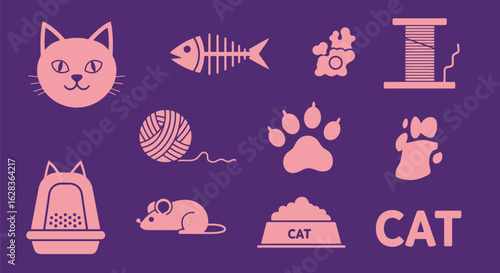 Vector illustration of collection of cat icons with different objects on a purple background