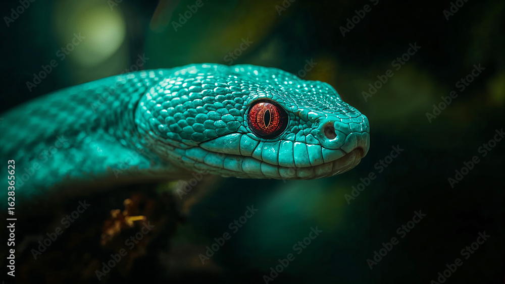 Fototapeta premium Detailed Teal Snake Head with Intense Red Eyes Amidst Dark Foliage viper reptile