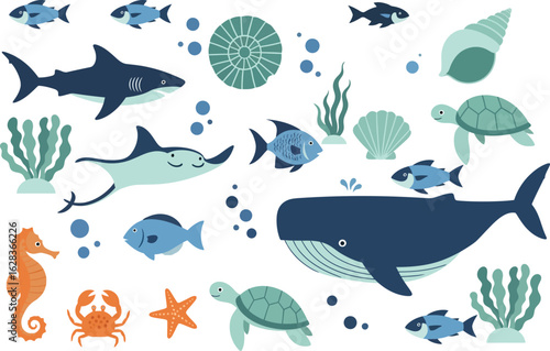 A delightful pattern of cartoon marine life, a vector illustration set of sea animals including a whale, shark, turtle, and fish