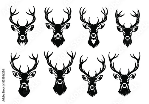 Collection of eight Vector illustration of black and white deer head silhouettes stag buck