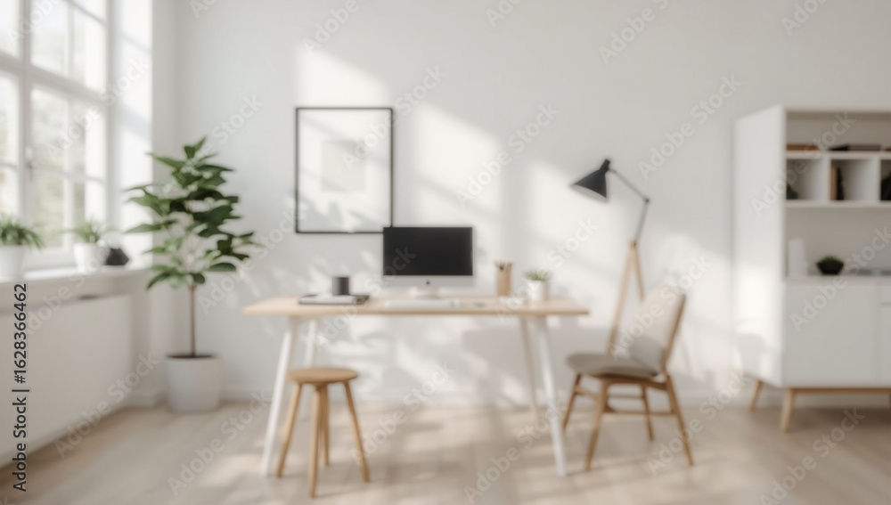 Fototapeta premium A softly blurred background of a modern, sunlit home office with a wooden desk, computer, and minimalist decor.