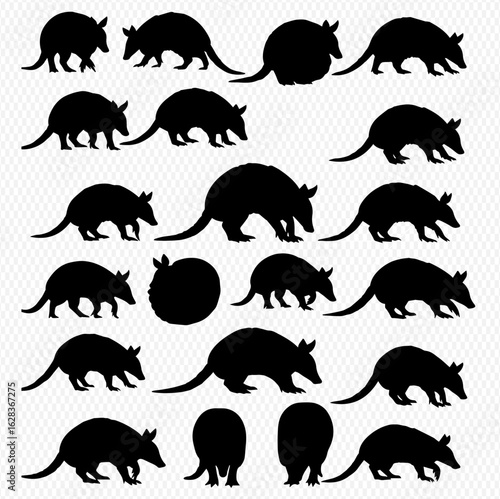 A collection of black armadillo silhouettes in various poses, including standing, walking, and curled into a defensive ball.