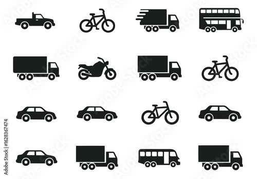 Collection of Vector illustration of black vehicle icons on white background truck bicycle