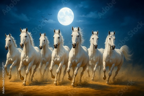 Seven White Horses Galloping Under a Soft Sky at Twilight Ai genret 