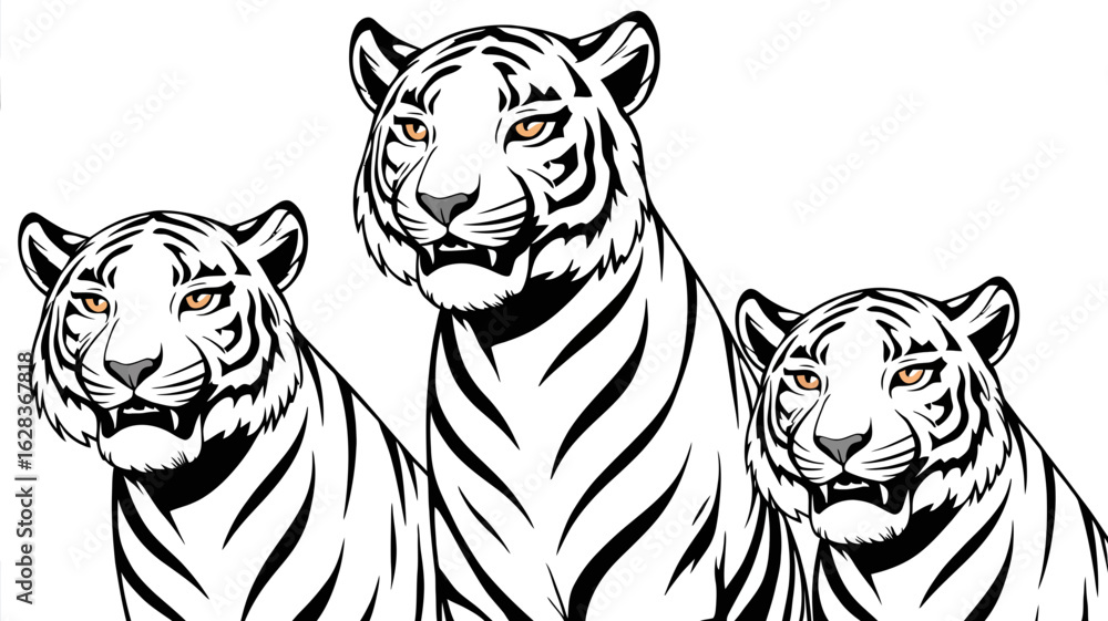 Fototapeta premium Three white tigers with orange eyes animal