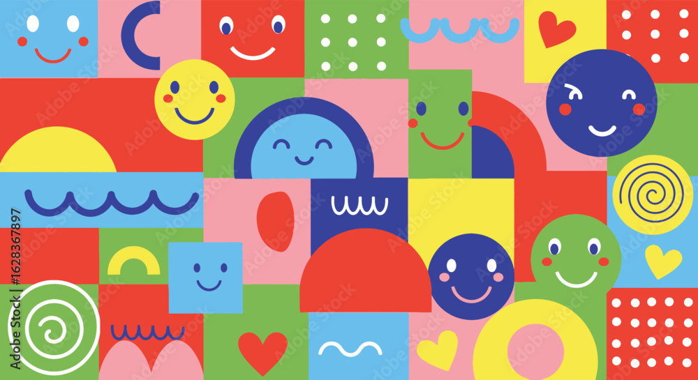 Fototapeta premium A vibrant and playful seamless pattern of colorful geometric shapes with cute smiling faces, a cheerful abstract background illustration.
