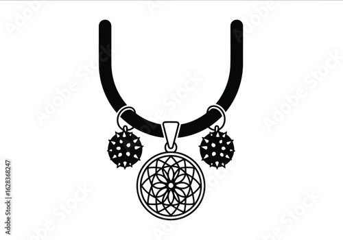 Black outline necklace with geometric pendant and spiked charms choker Vector illustration of