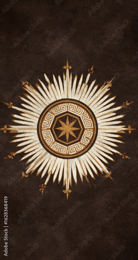 Fototapeta premium Ornate, golden sunburst emblem on dark background. A central, circular design with intricate gold details, radiating outward from a central starburst pattern