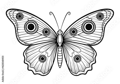 Detailed black and white line drawing of a butterfly with eye spots insect Vector illustration of