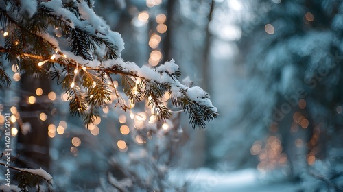 Fototapeta Naklejka Na Ścianę i Meble -  Snowy pine branch adorned with twinkling christmas lights in a forest