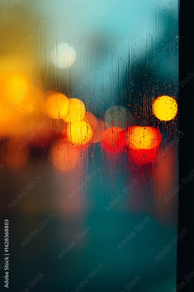 Fototapeta premium Abstract blurred photography of colorful reflections on glass urban environment night viewpoint