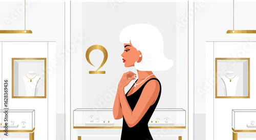 Elegant woman in a luxurious jewelry store admiring a pearl necklace display