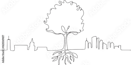 Single continuous line drawing of a large tree with sprawling roots transforming into a city skyline, symbolizing nature and urban connection

