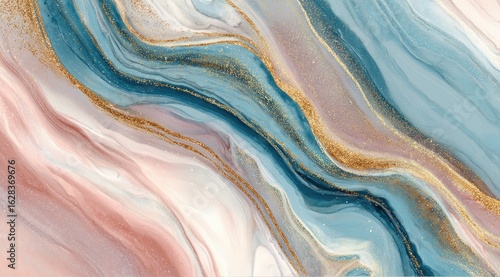 Abstract fluid art, flowing colors and gold shimmer