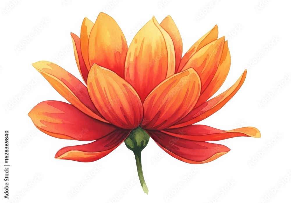 Fototapeta premium Radiant Bloom: An Exquisite Orange Flower - A vibrant watercolor painting of a single orange flower, symbolizing warmth, growth, beauty, nature, and serenity