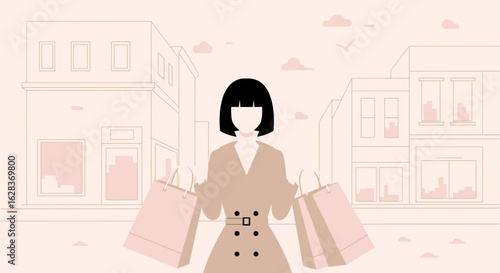 Elegant woman on a shopping spree in a stylish city setting illustration