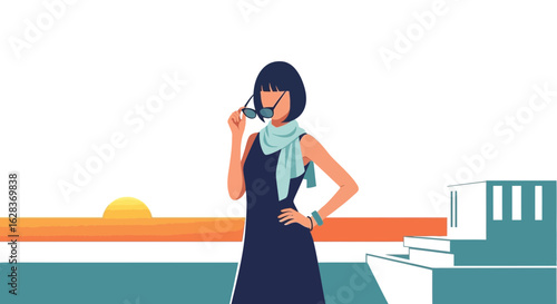 Elegant woman on cruise ship vector illustration, enjoying the sunset on vacation, perfect for