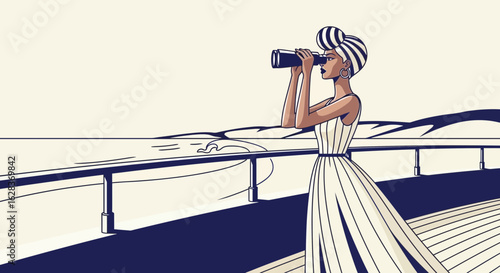 Elegant woman on a voyage of discovery with binoculars by the sea coastline