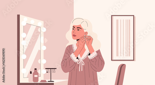 Elegant woman putting on earrings in front of a makeup mirror at home scene
