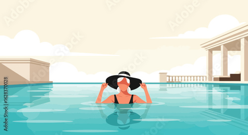 Elegant woman relaxing in a luxurious pool with classical architecture in the background
