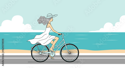 Elegant woman rides her bike on a coastal road enjoying the fresh air and scenery offering