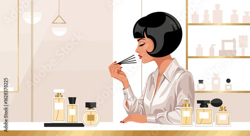 Elegant woman testing perfume in a luxury boutique with sophisticated design and bottles on display
