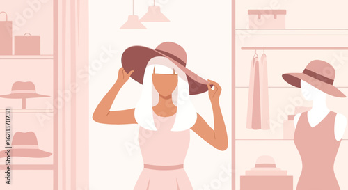 Elegant woman trying on a stylish hat in a boutique, surrounded by wardrobe items