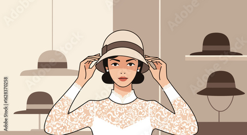 Elegant Woman Tries on a Vintage Hat in a Stylish Hat Boutique with Retro Charm