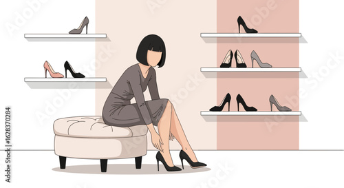 Elegant woman trying on high heel shoes in a minimalist shoe store scene illustration