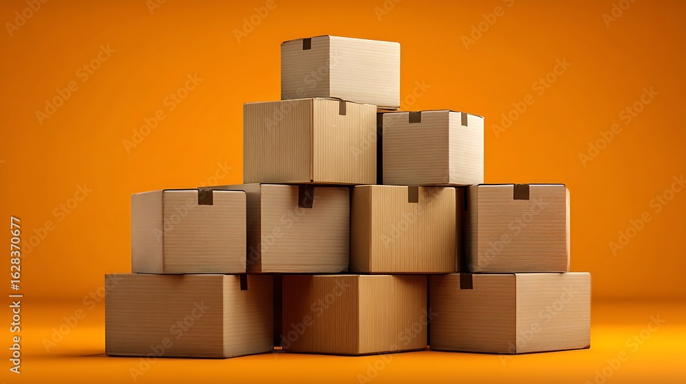 Fototapeta premium Stacked Cardboard Boxes Forming a Pyramid Against Orange Background