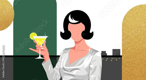 Elegant woman with a cocktail in a retro style bar setting for a glamorous evening