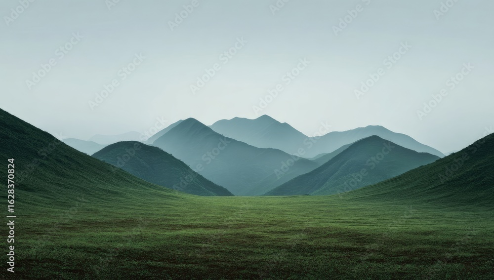 Fototapeta premium Misty mountain range, lush green valley